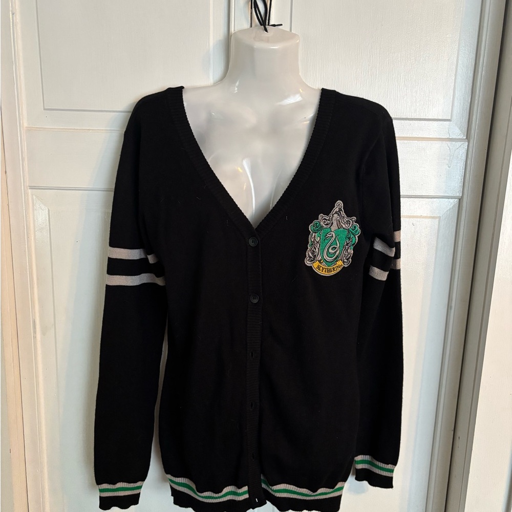 Vintage Harry Potter SLYTHERERIN Black and Green Women's Cardigan Sweater Sz S